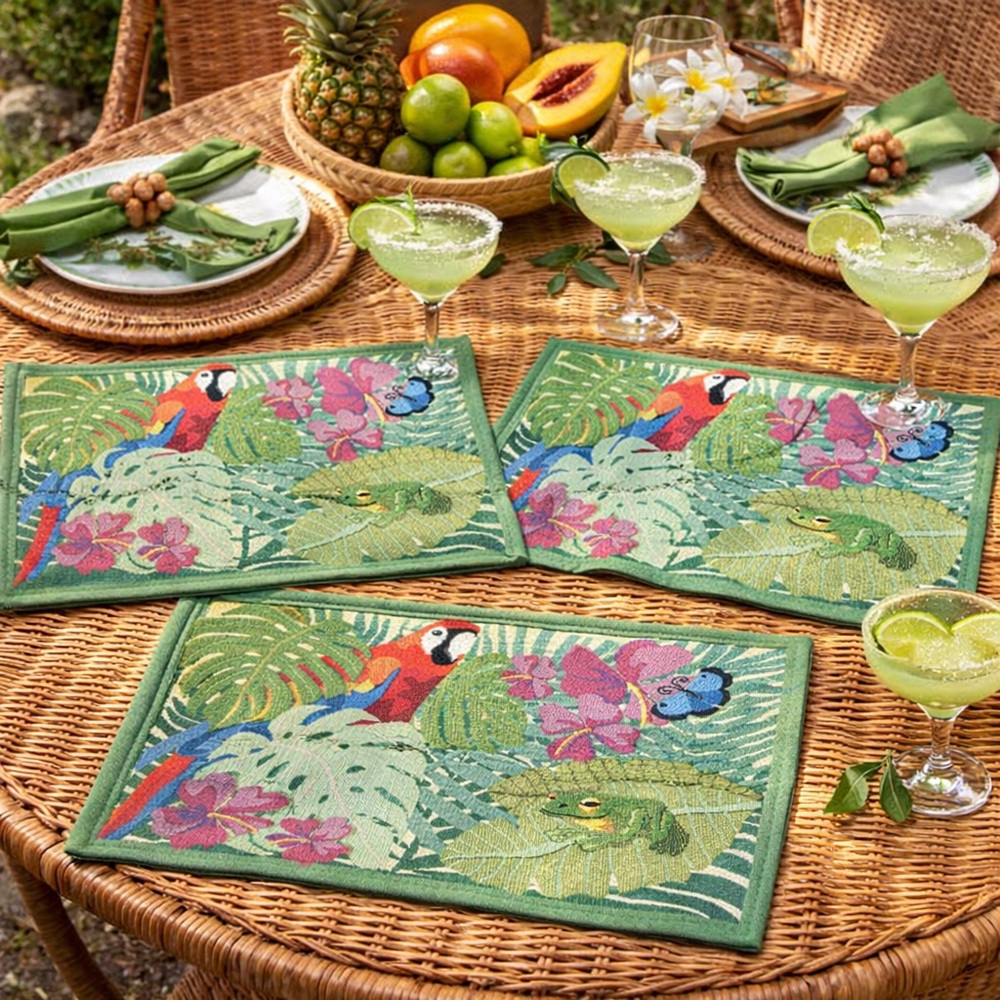 Tropical Parrot Placemat Set Palm Leaf Frog Butterfly Jungle Maximalist